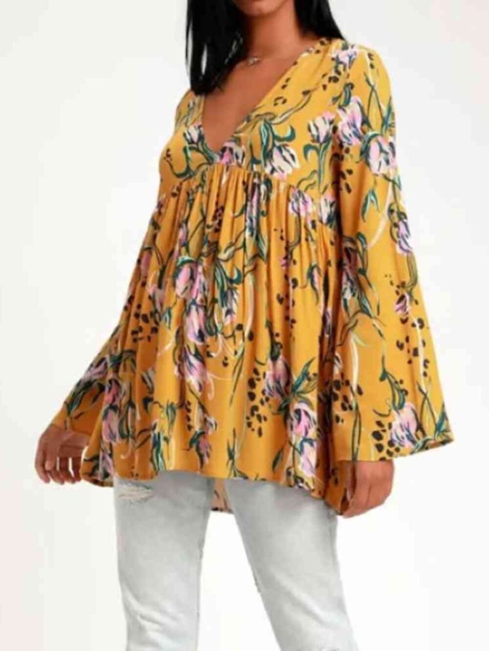 Mustard Yellow Floral Boho Blouse V‑Neck Bell Long Sleeve Peplum Hi‑Lo Hem Top
